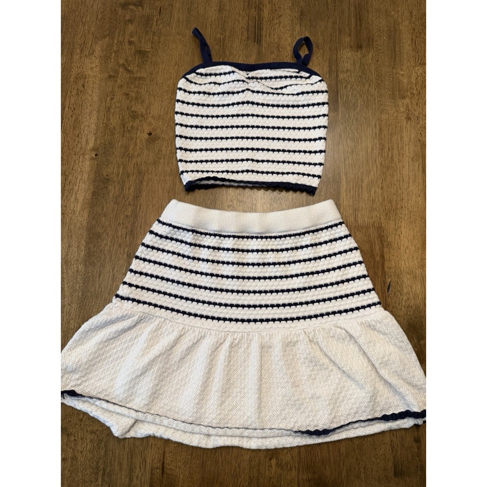 Freshman 1996 Knit Matching Set Womens XS White Navy Striped Crop Top Skirt 2pc